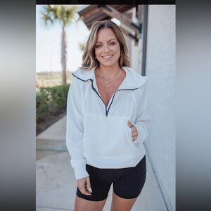 White Zip-Up Pullover with Black Trim